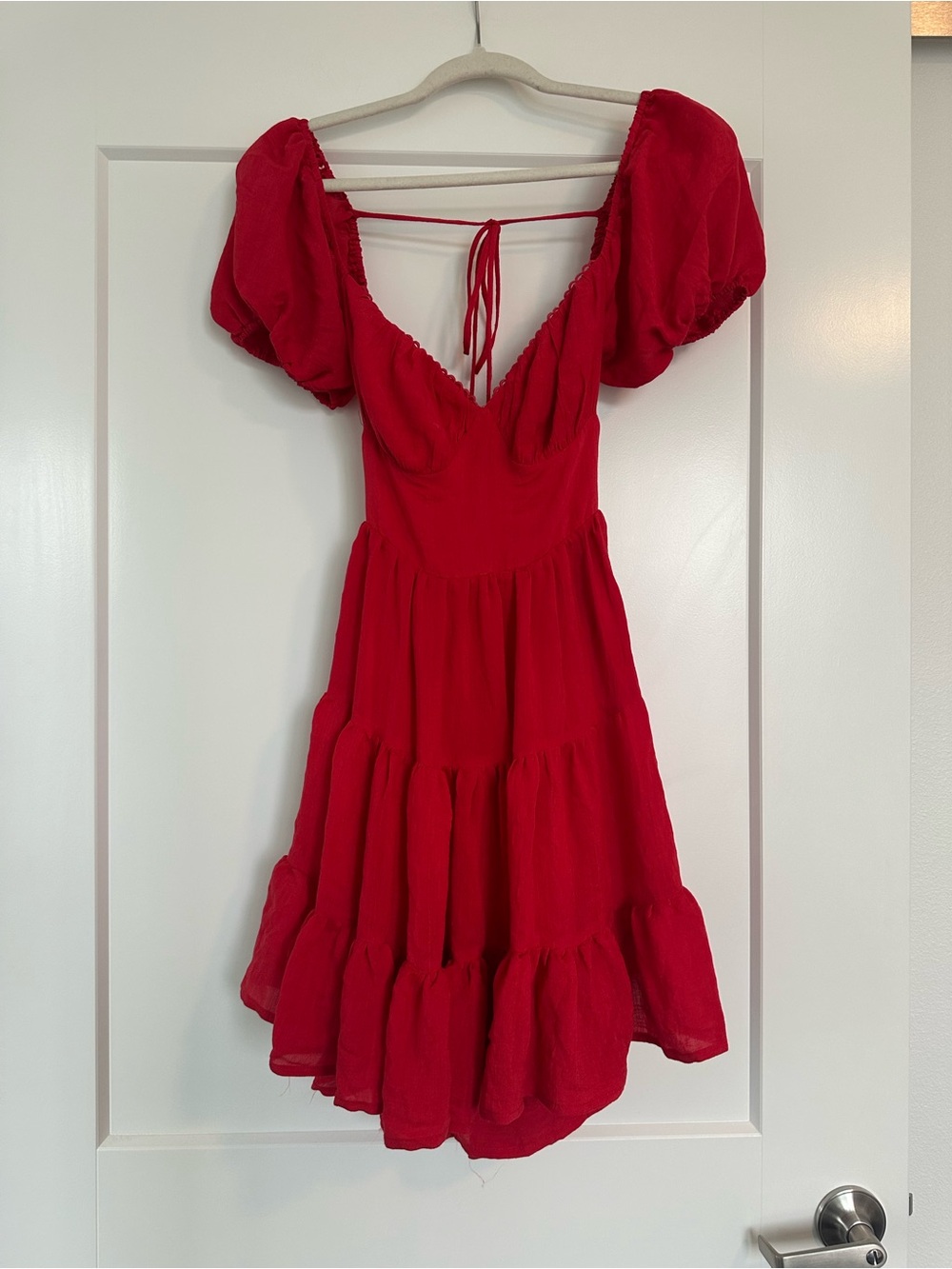 Princess Polly Red Puff-Sleeve Tiered Mini Dress